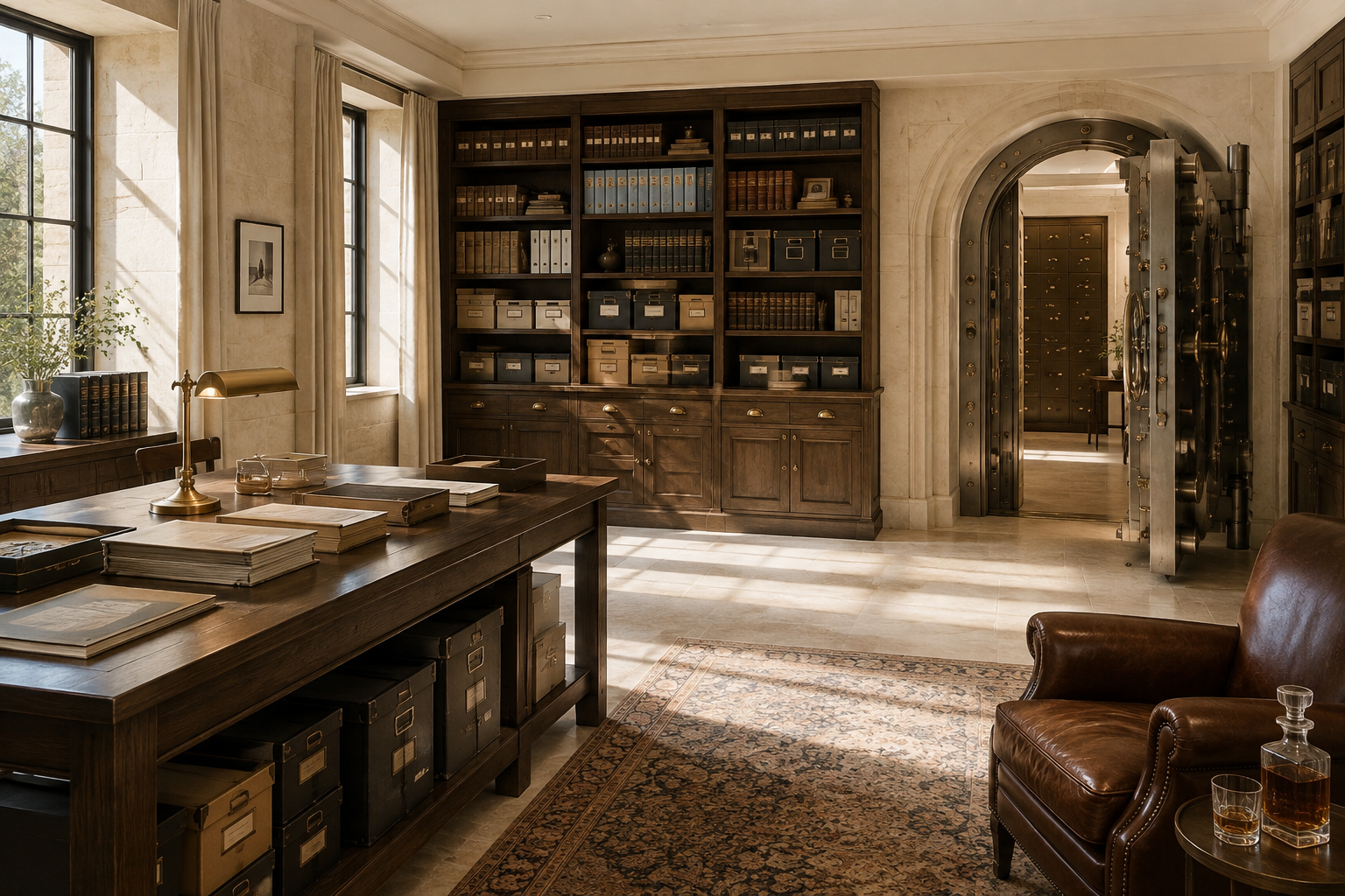 A daylight private archive with a traditional bank vault door