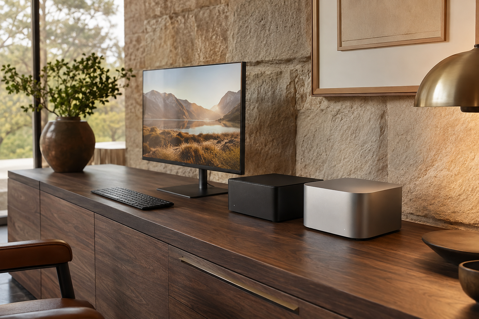 Compact private AI workstation options with a modern display and keyboard