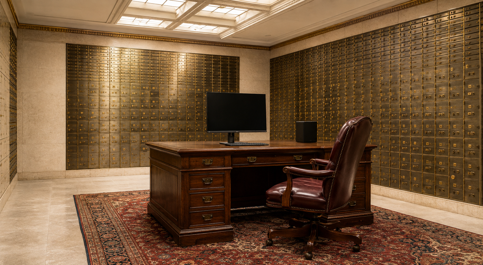 A traditional private office desk and modern AI workstation inside a safety-deposit vault